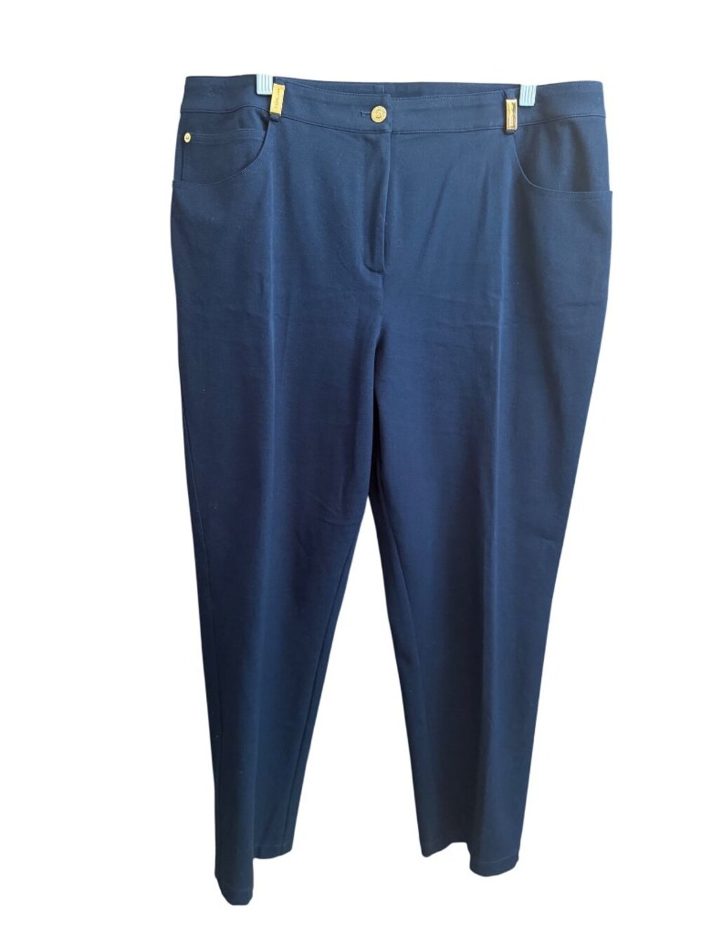 St. John Navy Blue Knit Cropped Pants With Gold Hardware